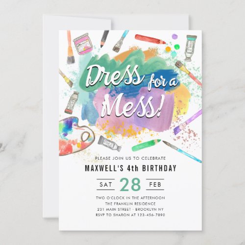 Dress for a Mess Kids Art Paint Painting Birthday Invitation