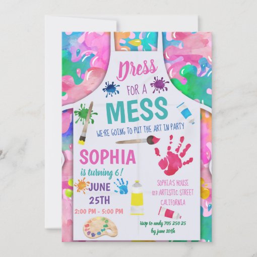 Dress for a Mess Painting Party Art Girl Birthday Invitation Zazzle