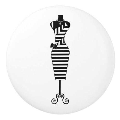 Dress Form Bodice Black and White Stripe Sewing Ceramic Knob