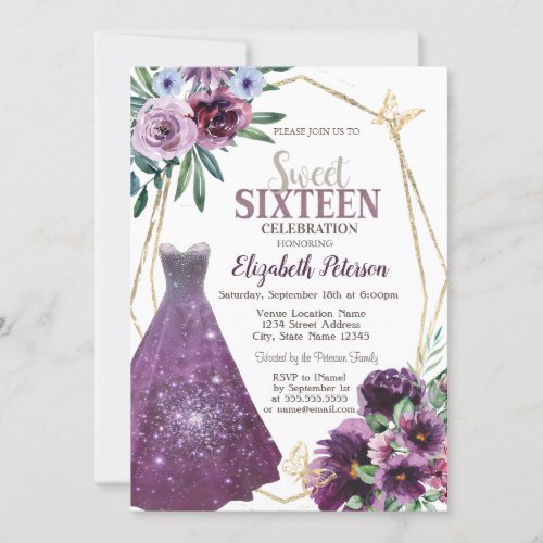 Dress GirlViolet Flowers Butterfly Sweet 16 Invitation