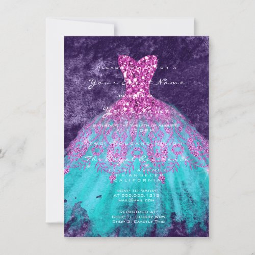 Dress Glitter 16th Bridal Velvet Violet Pink Ocean Invitation