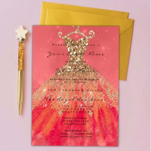 Dress Glitter Bridal 16th Watercolor Coral Gold Invitation