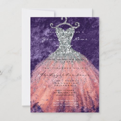 Dress Glitter Bridal 16th Watercolor Coral Silver Invitation