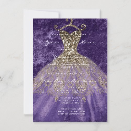 Dress Glitter Bridal 16th Watercolor Gold Violet Invitation