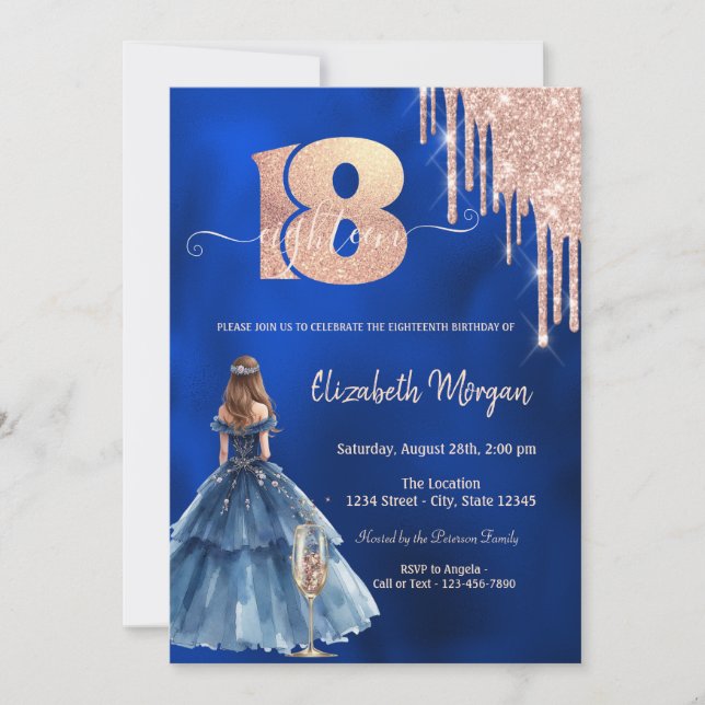  Dress Glitter Drips Glass Blue 18th Birthday  Invitation (Front)