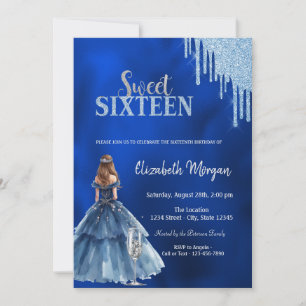 Dress Glitter Drips Glass Blue Sweet 16 Invitation