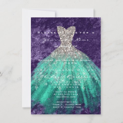 Dress Glitter Mint 16th Bridal Gray Silver Violet Invitation