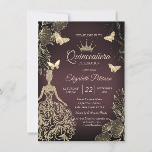 Dress,Gold Butterfllies Flowers Dark Quinceañera