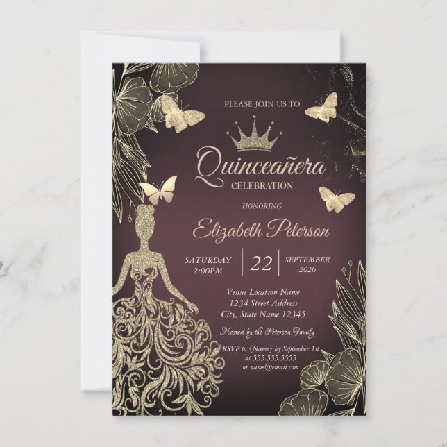Dress,Gold Butterfllies Flowers Dark Quinceañera Invitation (Front)