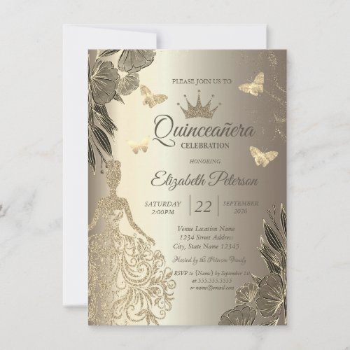 Dress,Gold Butterfllies Flowers Gold Quinceañera