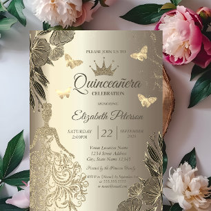 Dress,Gold Butterfllies Flowers Gold Quinceañera Invitation