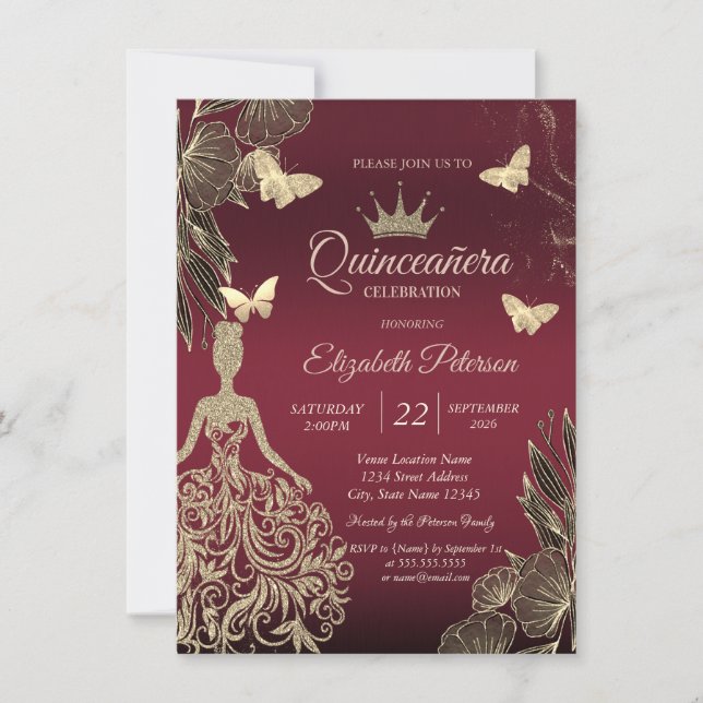 Dress,Gold Butterfllies Flowers Red Quinceañera Invitation (Front)