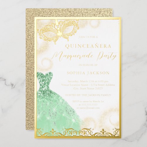 Dress Gold Green Masquerade Party Quinceanera  Foil Invitation