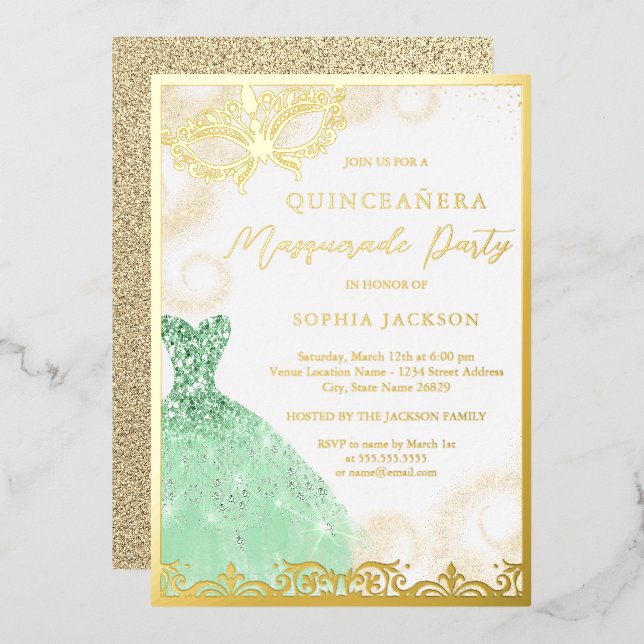 Dress Gold Green Masquerade Party Quinceanera  Foil Invitation (Front/Back)