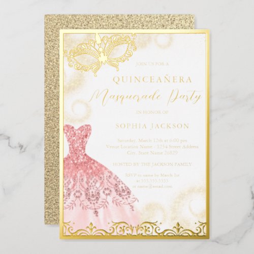 Dress Gold Pink Masquerade Party Quinceanera  Foil Foil Invitation