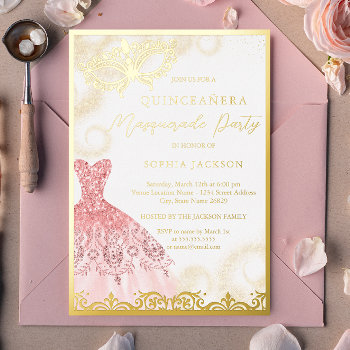 Dress Gold Pink Masquerade Party Quinceanera  Foil Invitation by LittleBayleigh at Zazzle