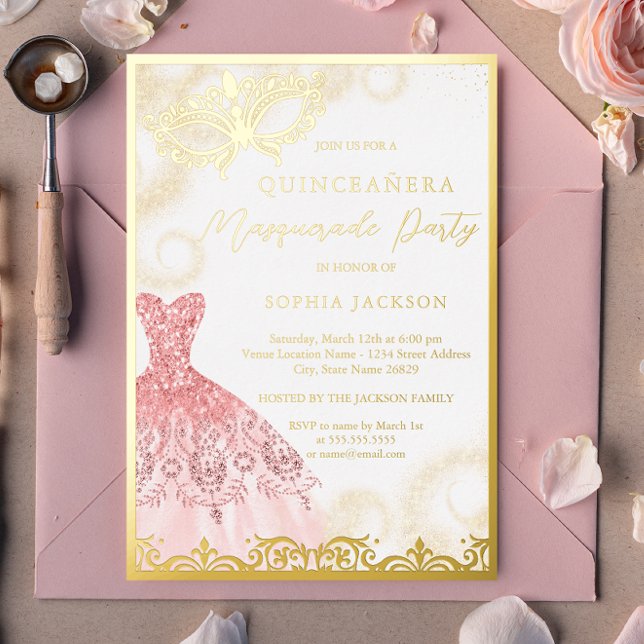 Dress Gold Pink Masquerade Party Quinceanera  Foil Invitation (Creator Uploaded)