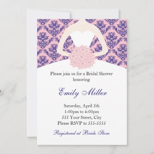 Pink Navy Blue Damask Invitation