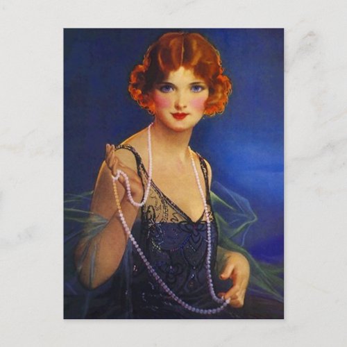 Dress Midnight Blue Flapper Girl  Pearls Postcard