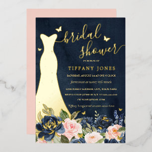 Dress Navy Blush Floral Gold Bridal Shower Foil Invitation