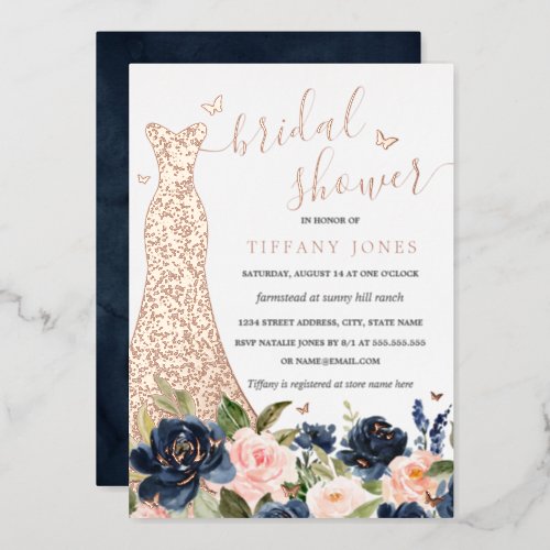 Dress Navy Blush Floral Rose Gold Bridal Shower  Foil Invitation