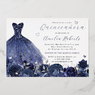 Dress Navy Silver Butterfly Floral Foil Invitation
