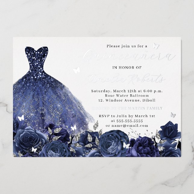 Dress Navy Silver Butterfly Floral Foil Invitation (Front)