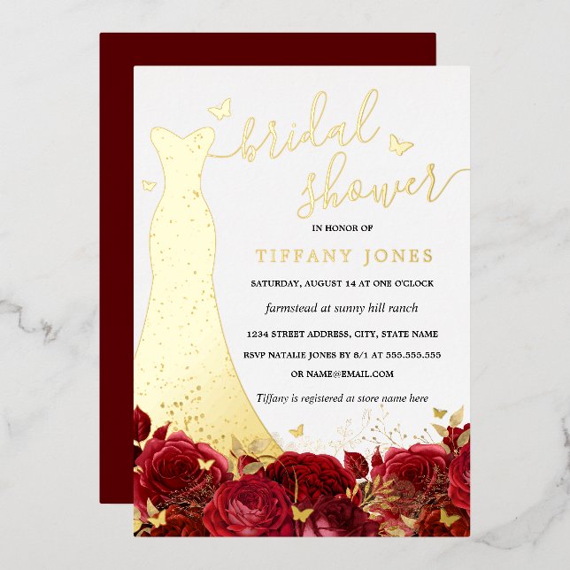Dress Red Floral Rose Gold Bridal Shower  Foil Invitation (Front/Back)