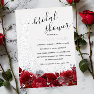 Dress Red Floral Rose Silver Bridal Shower Foil Invitation
