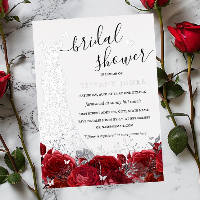 Dress Red Floral Rose Silver Bridal Shower  Foil Invitation (Creator Uploaded)