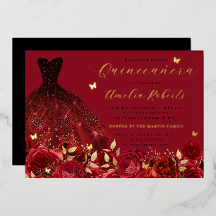 Dress Red Gold Butterfly Floral Foil Invitation