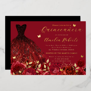 Dress Red Gold Butterfly Floral Foil Invitation