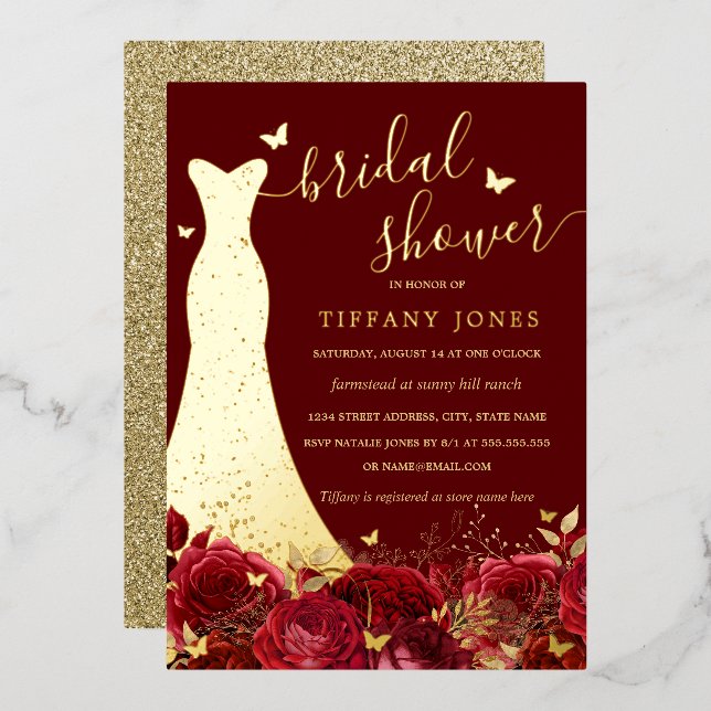 Dress Red Gold Floral Rose Bridal Shower  Foil Invitation (Front/Back)