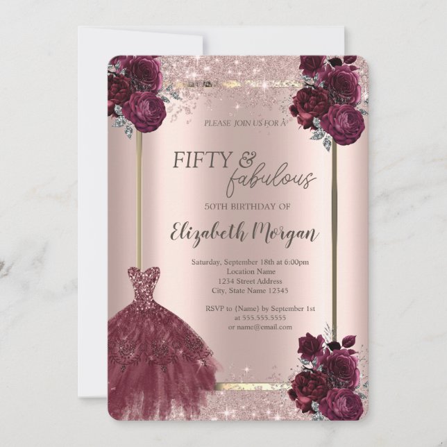 Dress Rose Gold Confetti Burgundy Roses 50th  Invitation (Front)