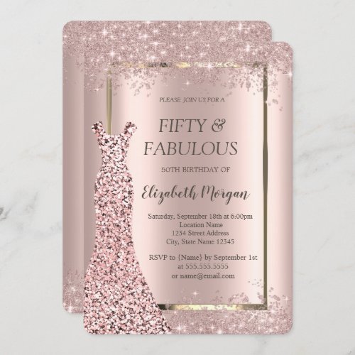 Dress Rose Gold Glitter Confetti 50th Birthday   Invitation