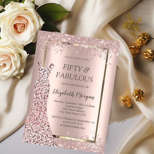 Dress Rose Gold Glitter Confetti 50th Birthday   Invitation