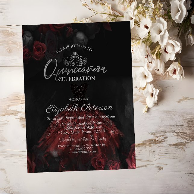  Dress,Silver Tiara,Red Roses Quinceañera   Invitation (Creator Uploaded)