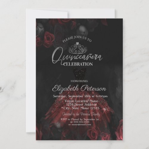  DressSilver TiaraRed Roses Quinceaera   Invitation