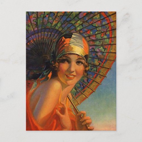 Dress tangerine Flapper Girl  Parasol Postcard