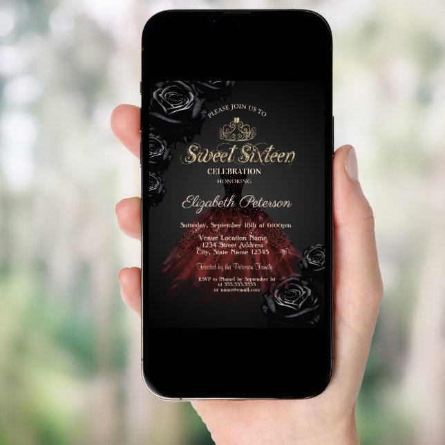  Dress,Tiara,Black Roses Sweet 16 Invitation (Front Digital)
