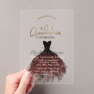 Dress,Tiara,Chic Red Roses Quinceañera Acrylic Invitations