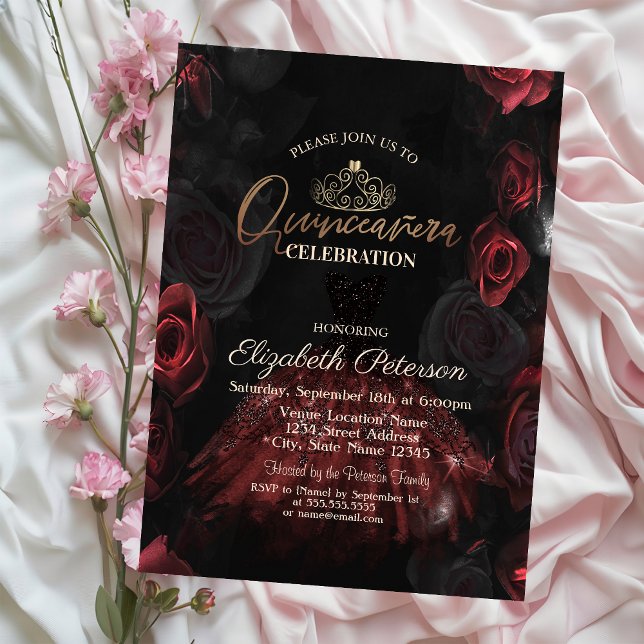  Dress,Tiara,Chic Red Roses Quinceañera   Invitation (Creator Uploaded)