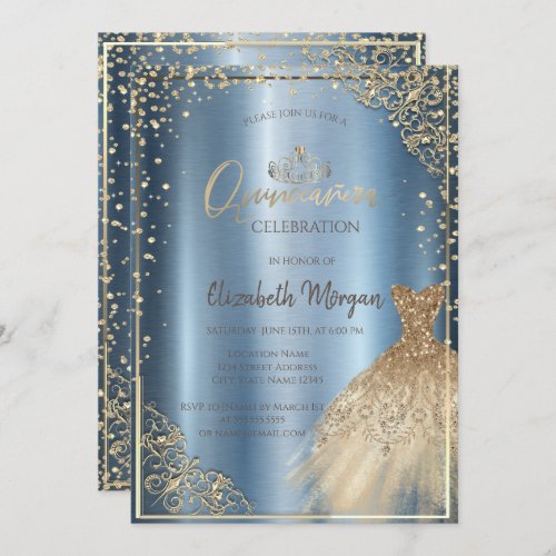 Dress TiaraDiamonds Blue Metallic Quinceaera   Invitation