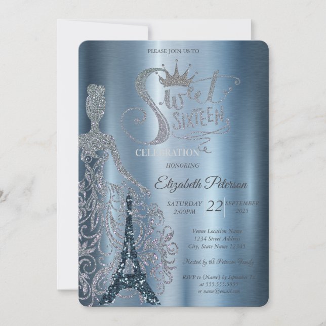  Dress,Tiara, Diamonds Eiffel Tower Blue Sweet 16  Invitation (Front)