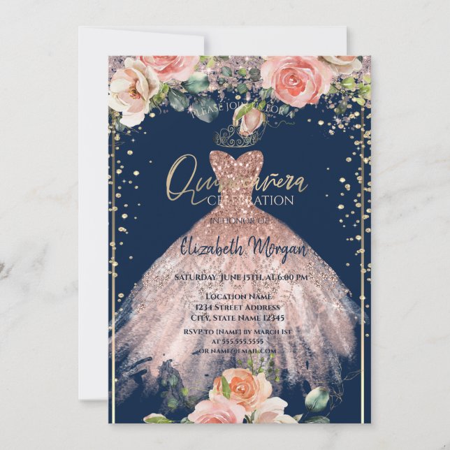 Dress Tiara,Diamonds Roses Blue Quinceañera  Invitation (Front)