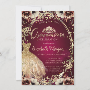 Dress Tiara,Frame Flowers Burgundy Quinceañera Invitation