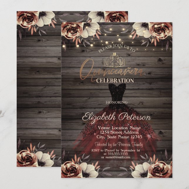  Dress,Tiara,Lights Red Roses Wood Quinceañera   Invitation (Front/Back)