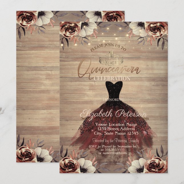  Dress,Tiara,Lights Roses Wood Quinceañera  Invitation (Front/Back)
