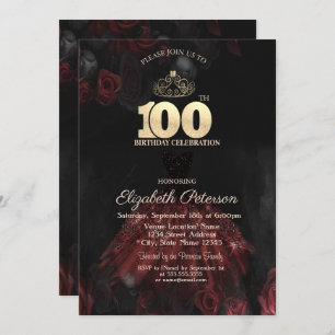 Dress,Tiara,Red Roses 100th Birthday Invitation