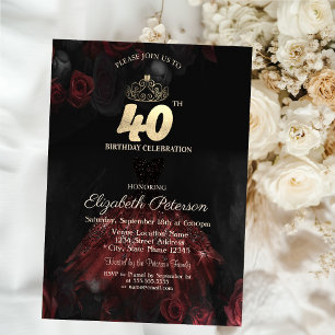  Dress,Tiara,Red Roses 40th Birthday Invitation